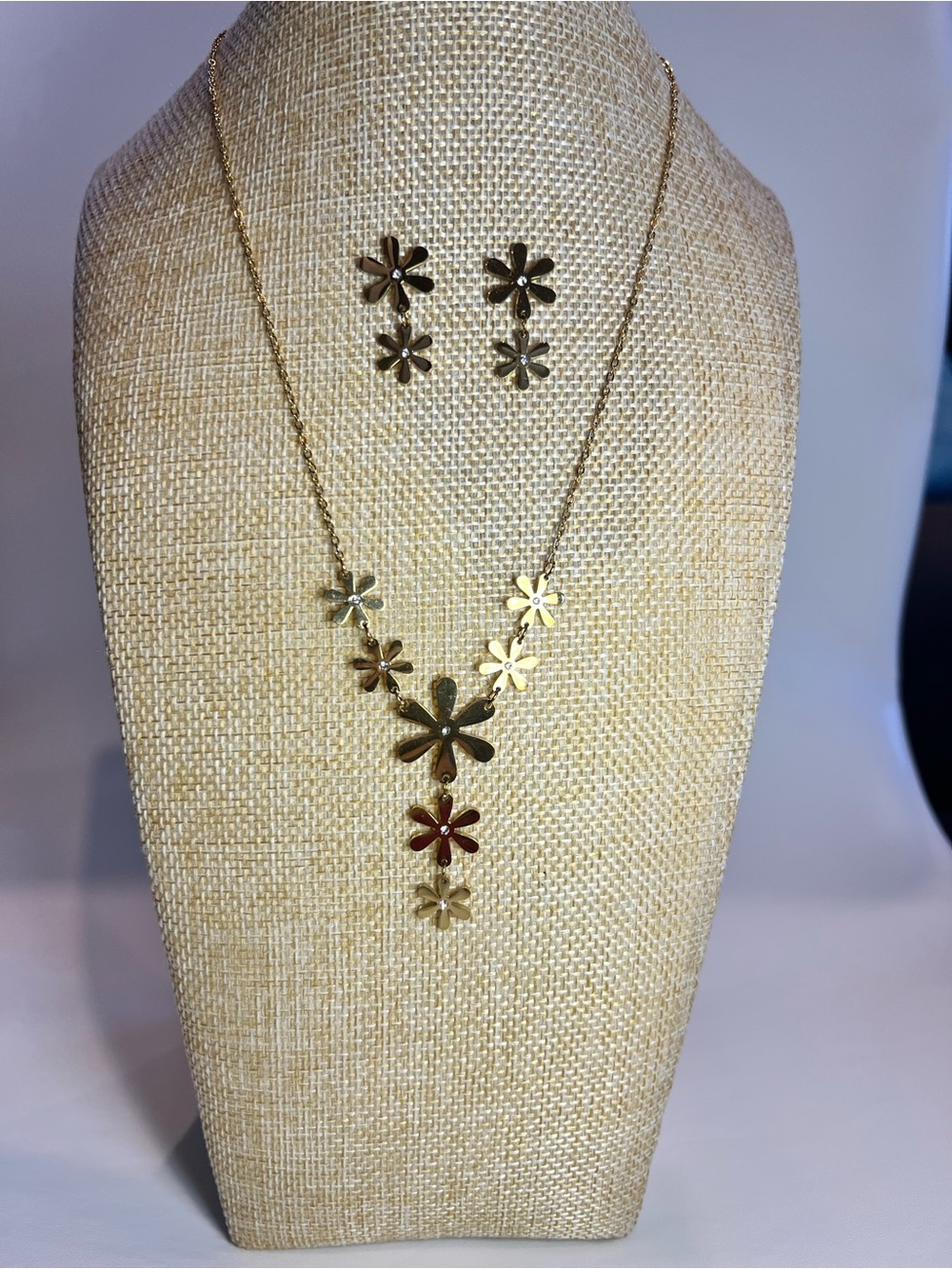 Stainless Steel NEW 18k Gold Plated Summer Floral Y-Necklace Earrings Boho Set